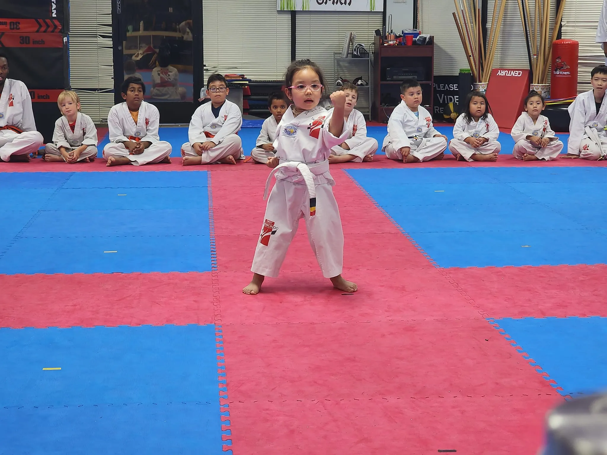 young-taekwondo-student-performing-pose-in-front-of-peers